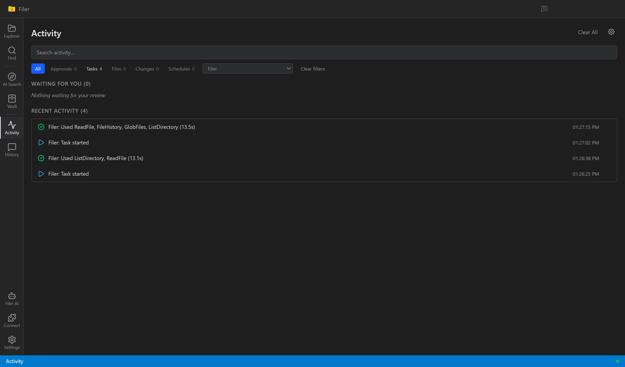 Filer Activity view showing a folder agent's file-move actions completed automatically, plus one action still waiting for approval