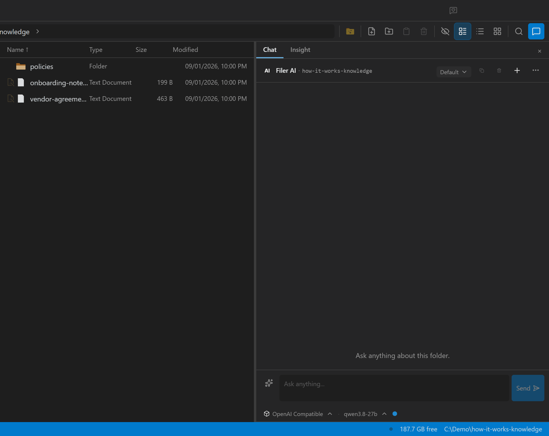 Filer Explorer context menu opening the AI Actions submenu, picking Summarize, and showing the completed result
