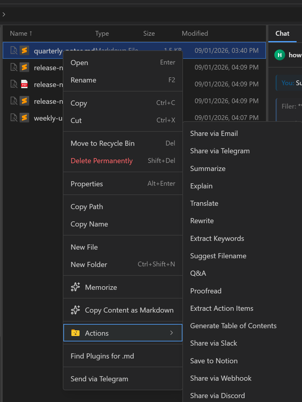 Filer Explorer context menu showing built-in Summarize, Explain, Translate, and other document actions
