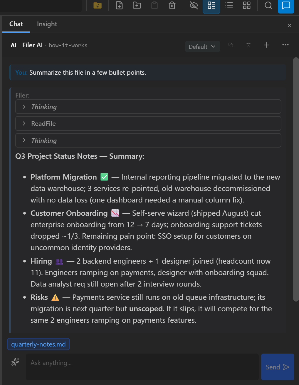 Filer chat panel summarizing a file on request