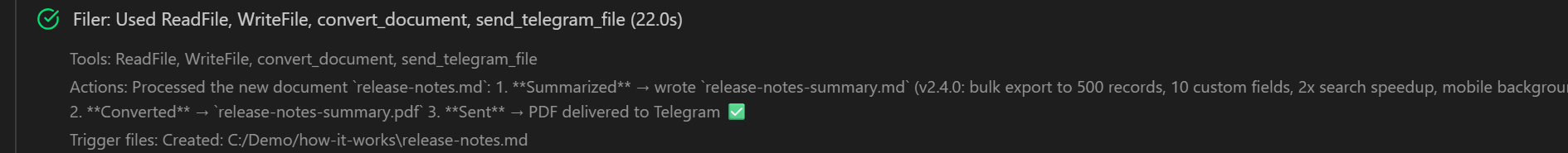 Filer Activity view showing a chained summarize, convert-to-PDF, and notify run