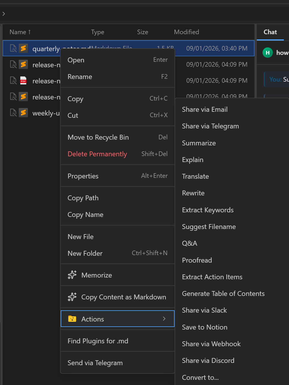 Filer Explorer context menu after installing the document-converter plugin, now showing a Convert to… action
