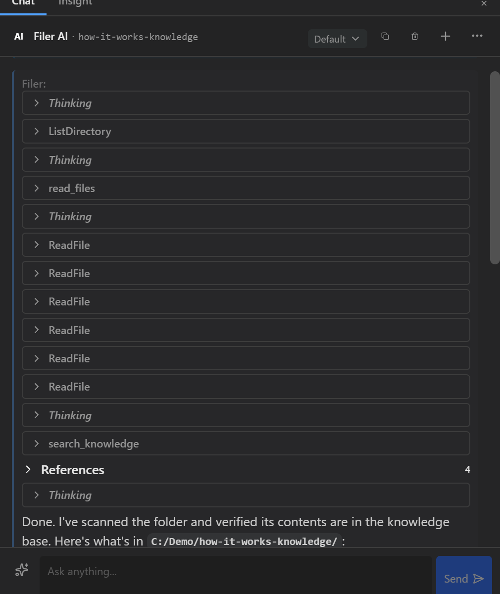 Filer chat panel confirming a folder has been memorized for search