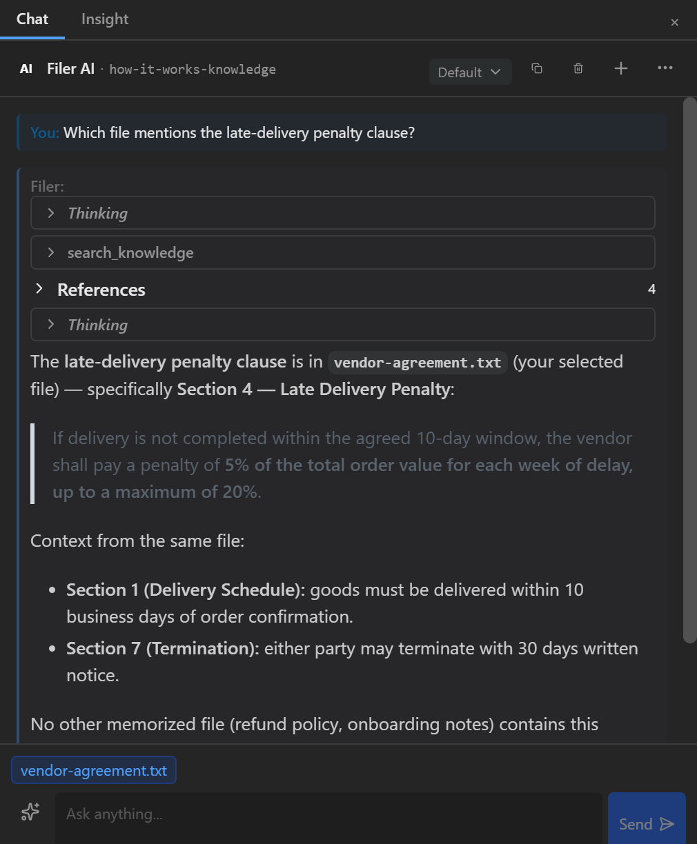 Filer chat answering a question with an answer grounded in and citing a specific file