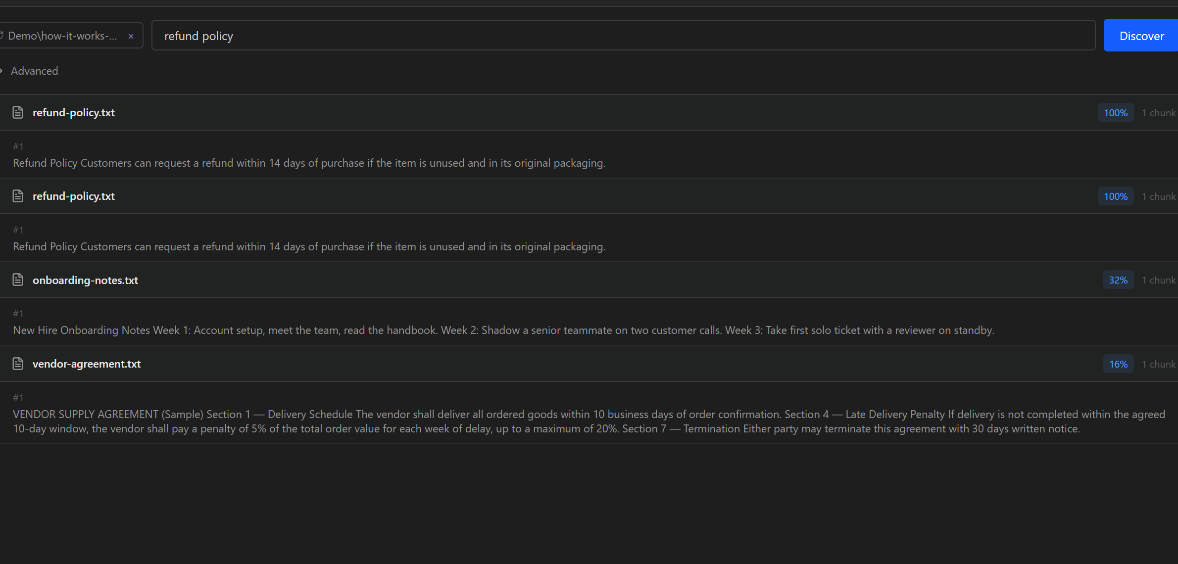 A broad search from the top-level folder returning results from across the whole tree