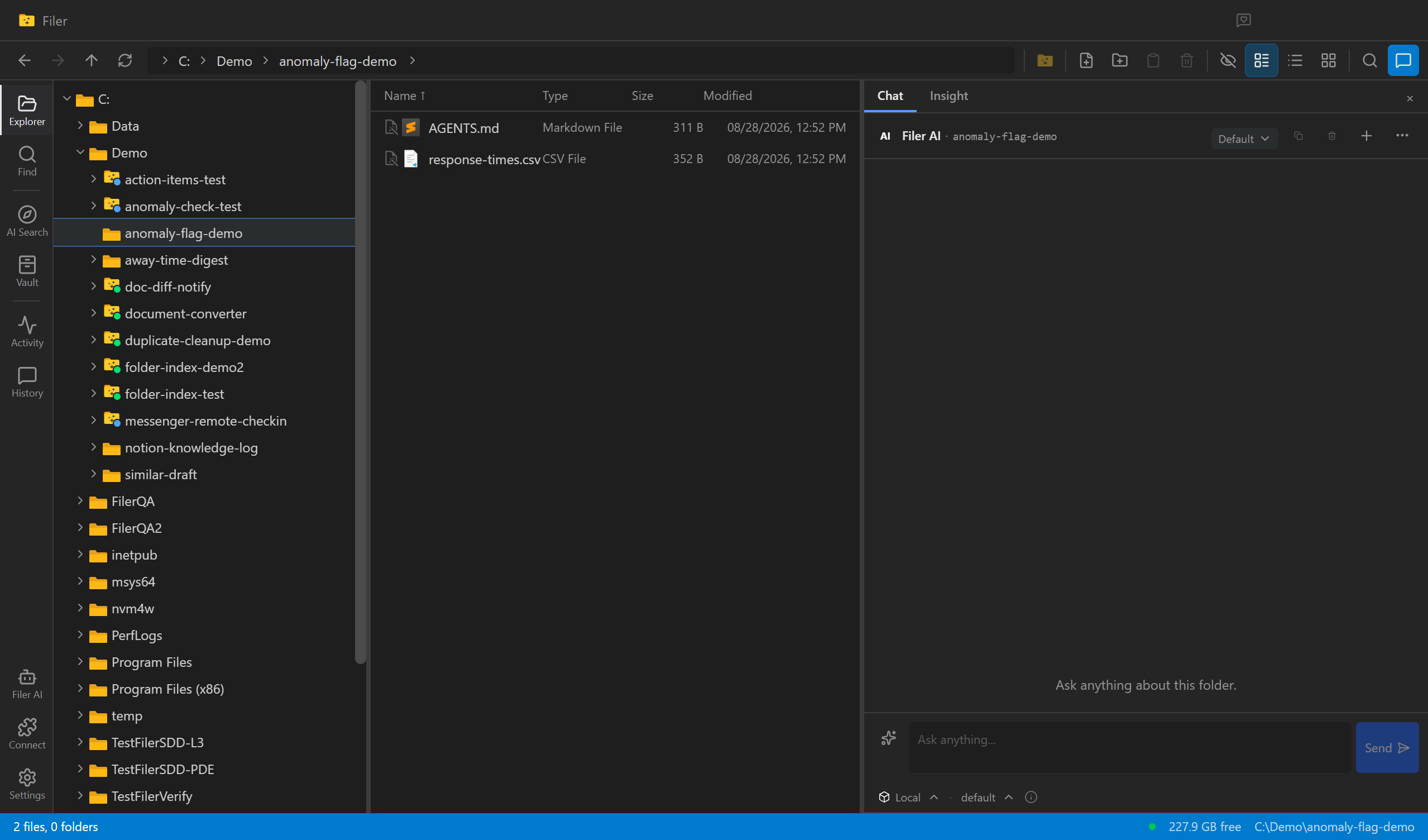 Filer Explorer showing a folder with a response-times.csv file before an anomalous value is added