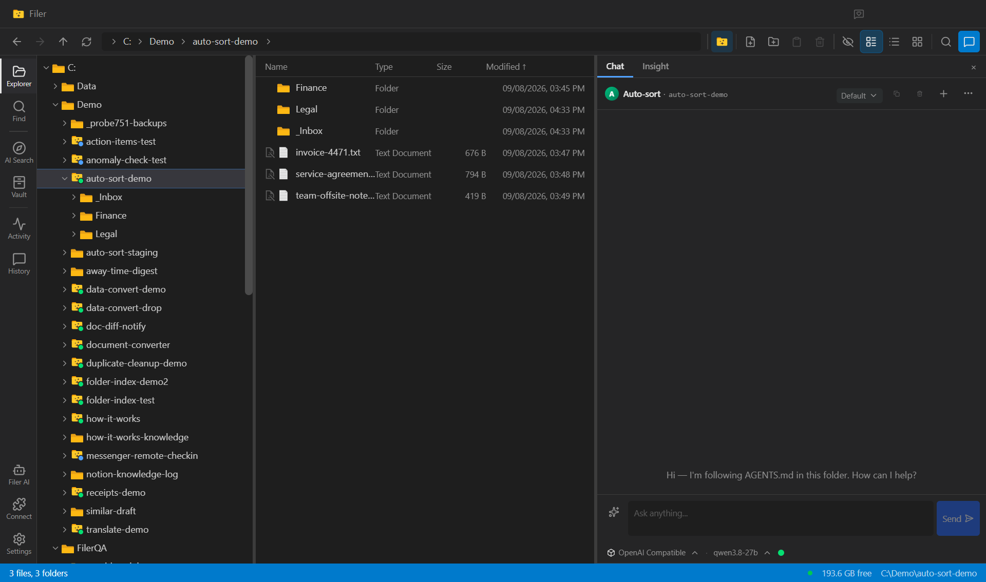 Filer Explorer showing three loose documents in the folder root beside three empty destination folders