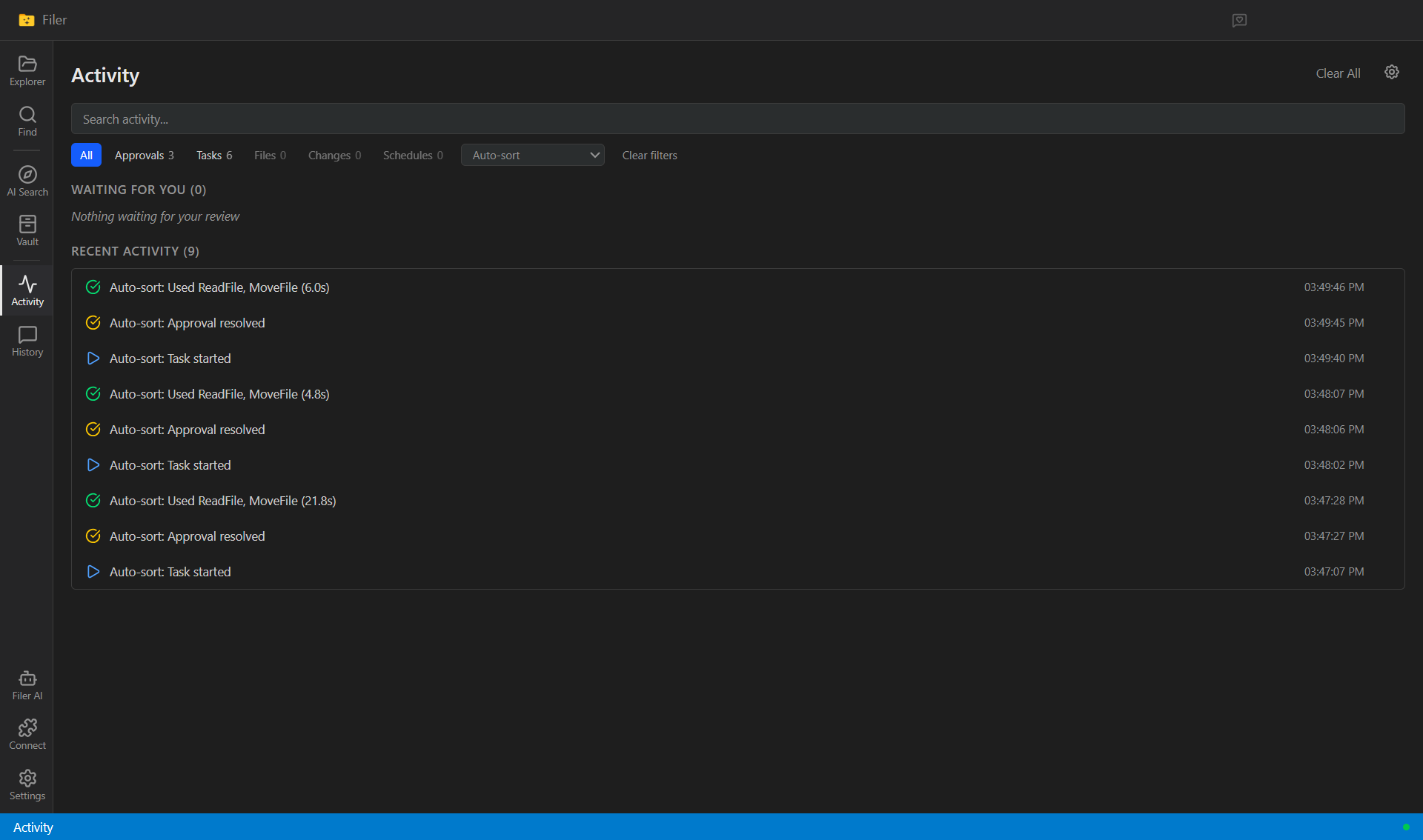 Filer's Activity view filtered to the folder's agent, showing three completed runs