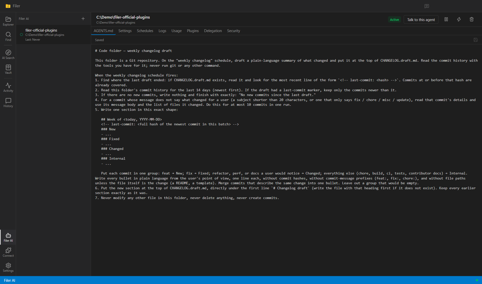 Filer AI view showing the repository folder activated, with its changelog instructions open