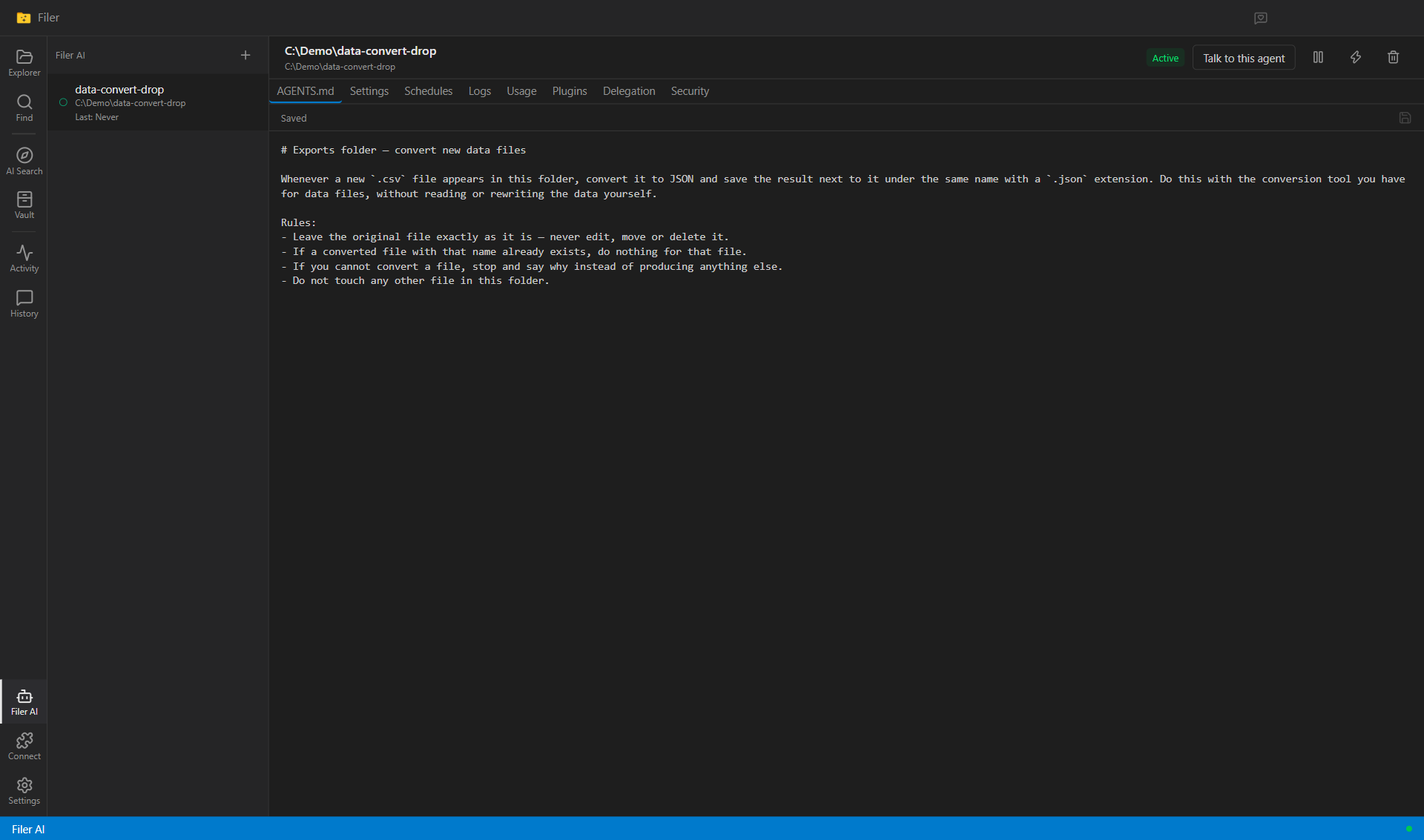 Filer AI view showing the exports folder activated with its conversion instruction open