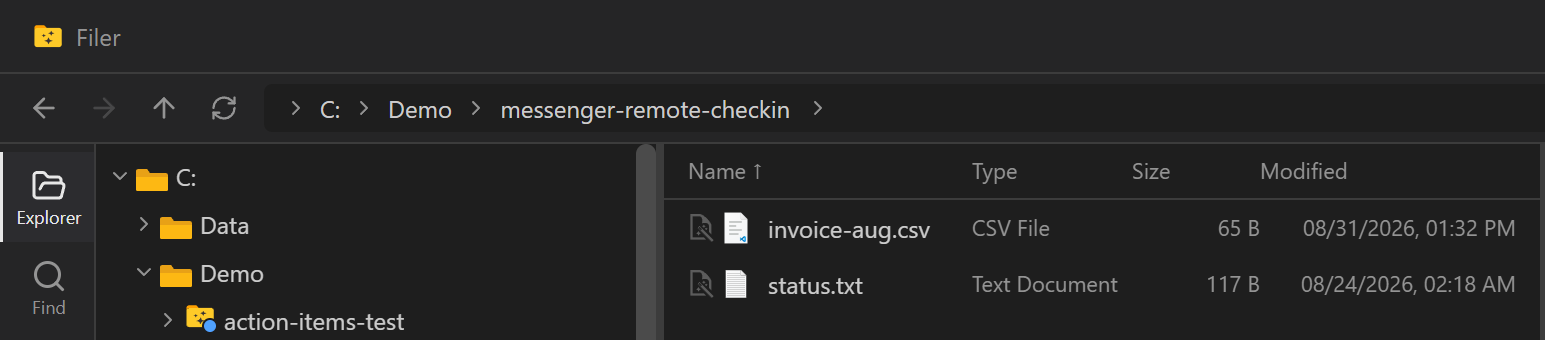 Filer Explorer showing the folder with invoice-aug.csv sitting in it