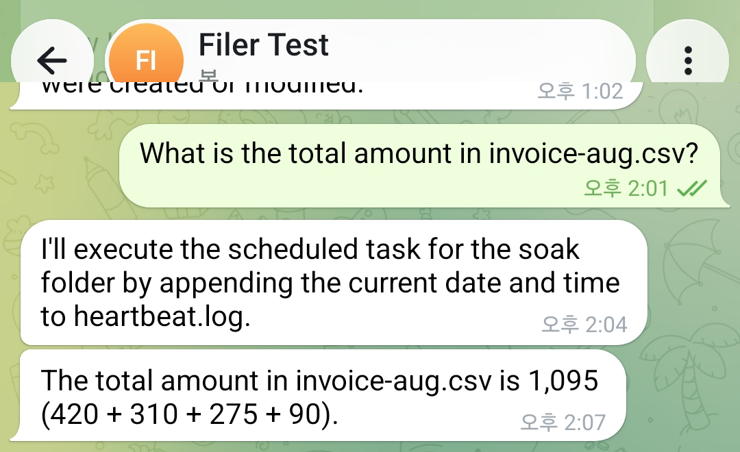 The Telegram chat, showing the question and the agent's reply with the correct total