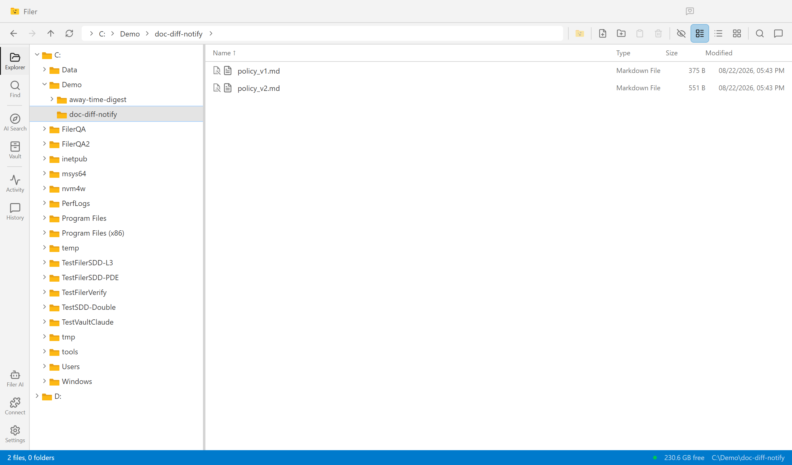 Filer Explorer showing the folder after a revised second version of the document has arrived
