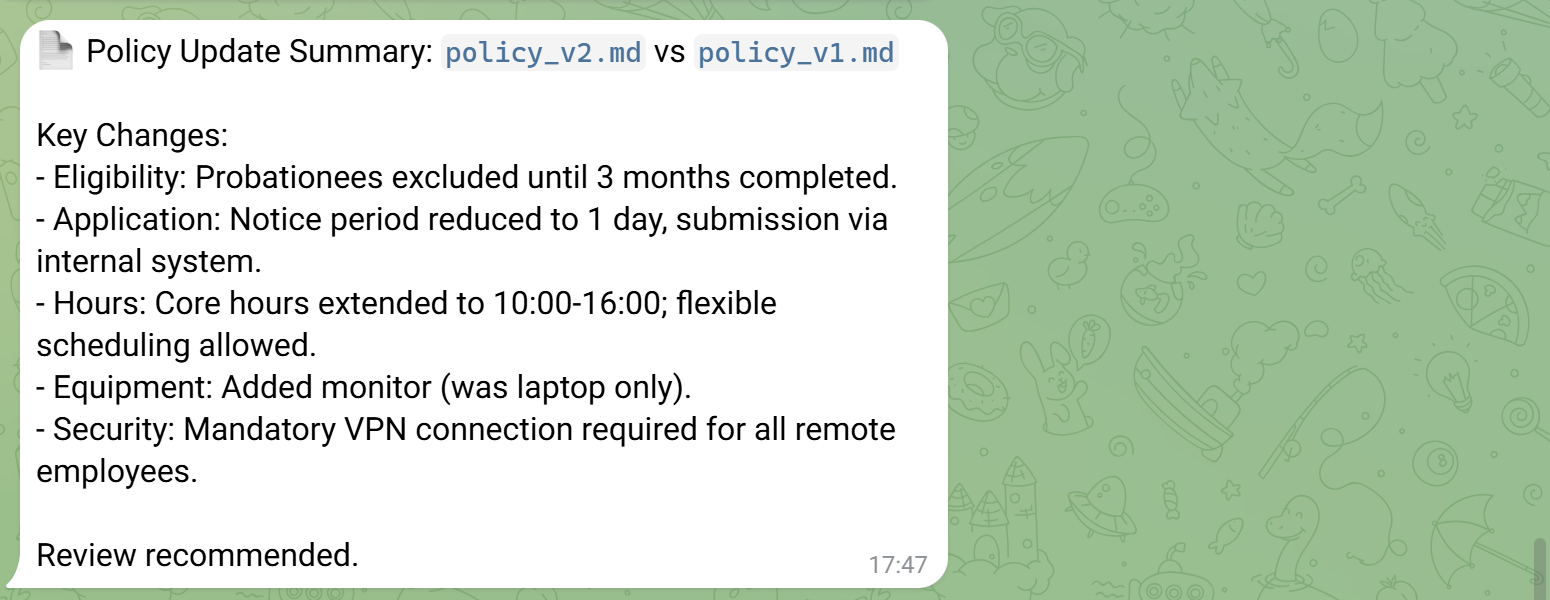 Telegram conversation showing the change-summary message the agent sent, unprompted