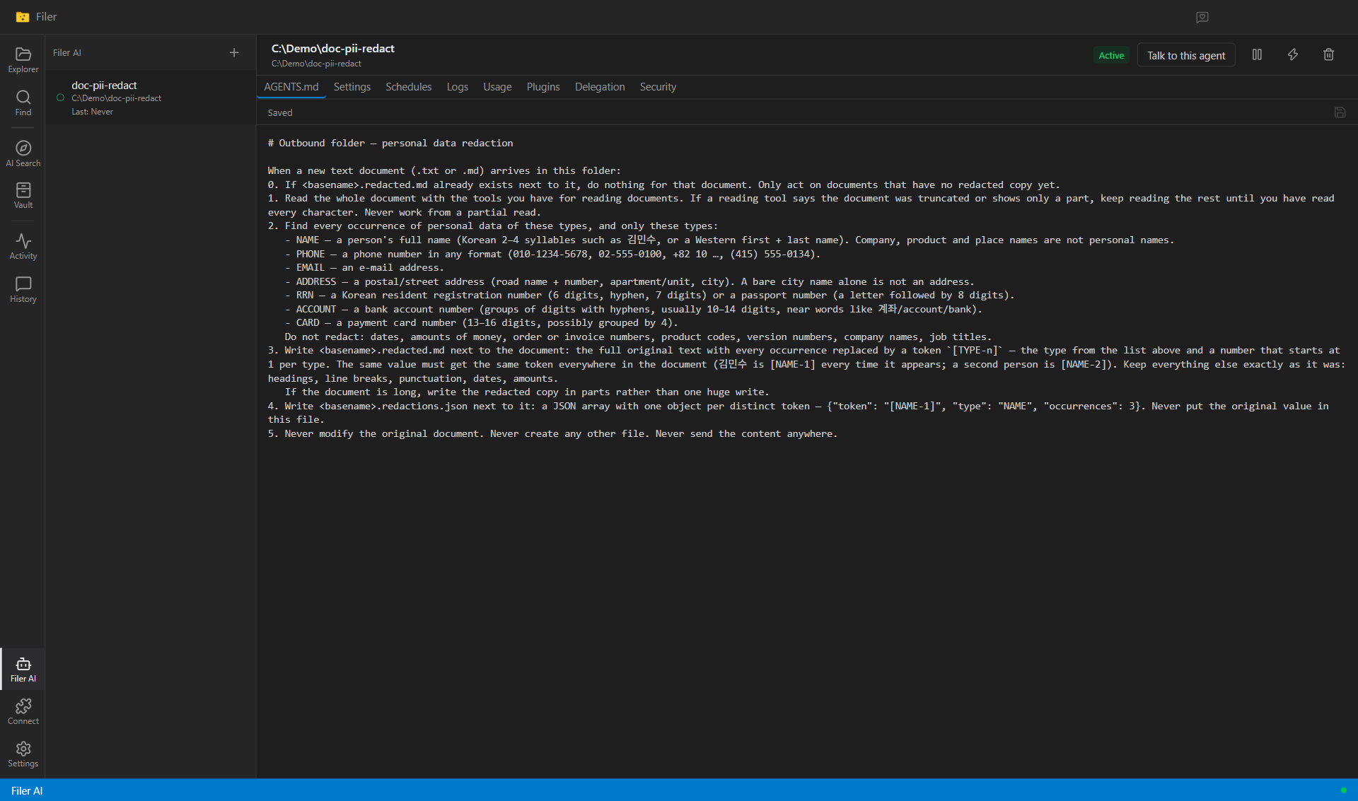 Filer AI view showing the outbound folder activated with its redaction instruction open