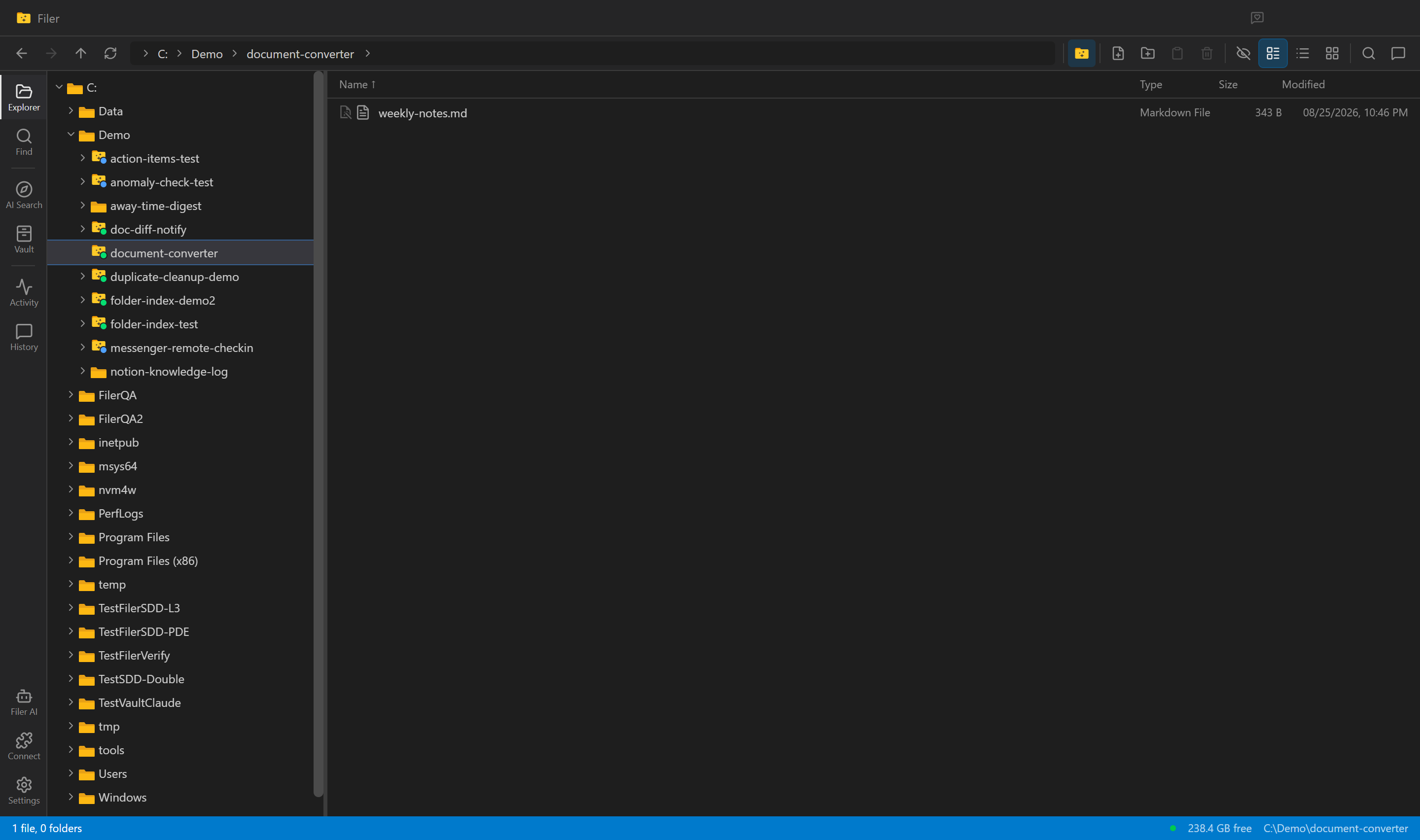 Filer Explorer showing the folder with only weekly-notes.md present, before conversion