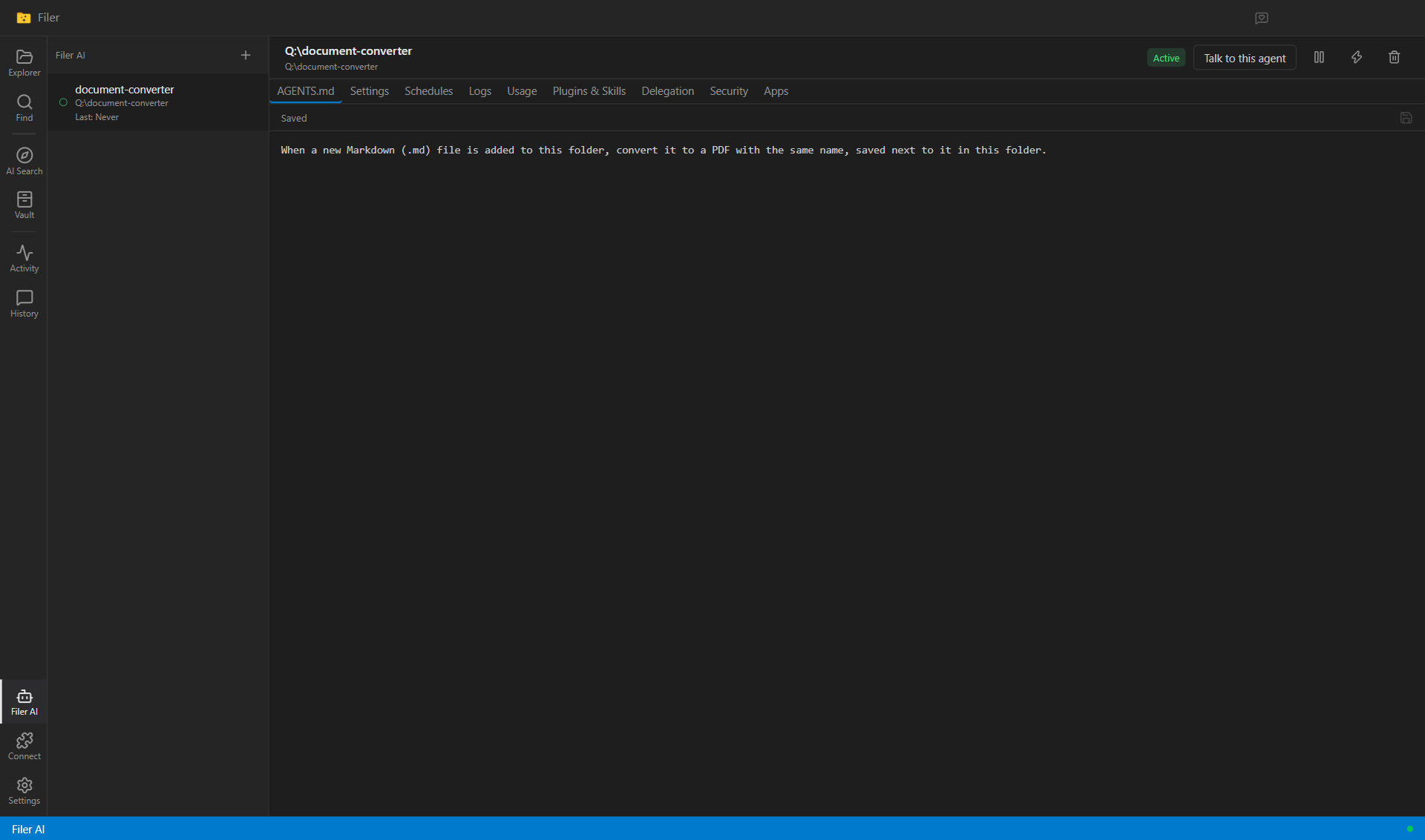 The folder's instructions in Filer, a single sentence asking for every new Markdown file to be converted to PDF