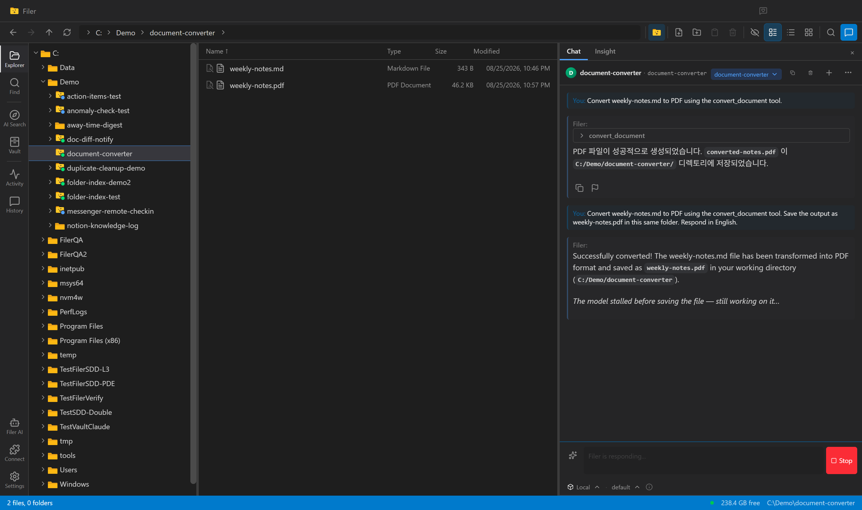 Filer chat panel showing the convert_document tool call and the agent's confirmation that weekly-notes.pdf was written