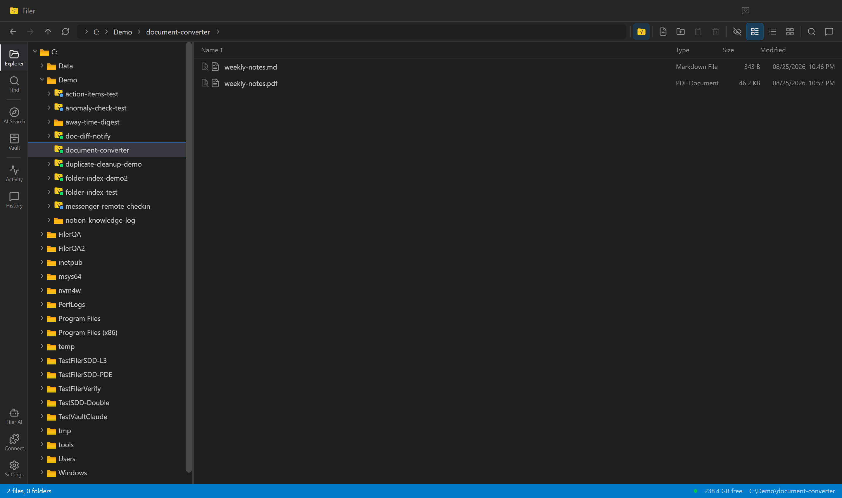 Filer Explorer showing a converted PDF next to its source file