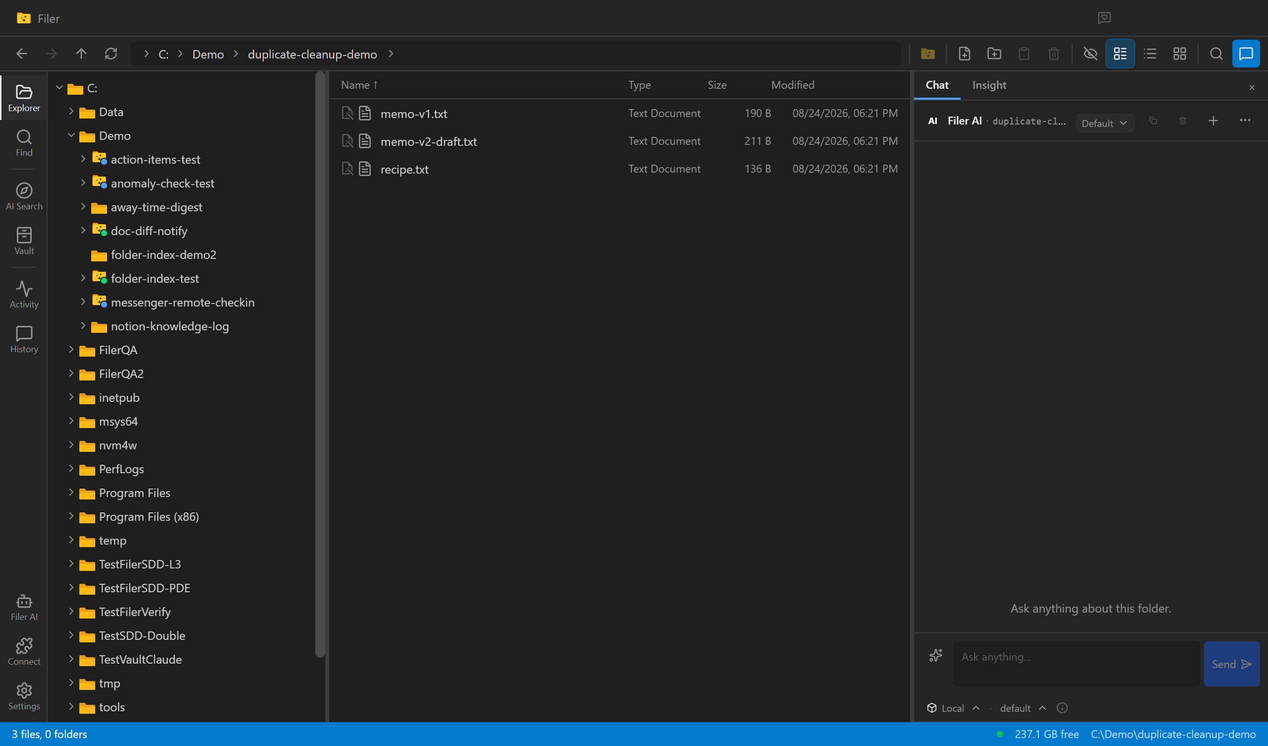 Filer Explorer showing a folder with two similar planning memos and one unrelated file