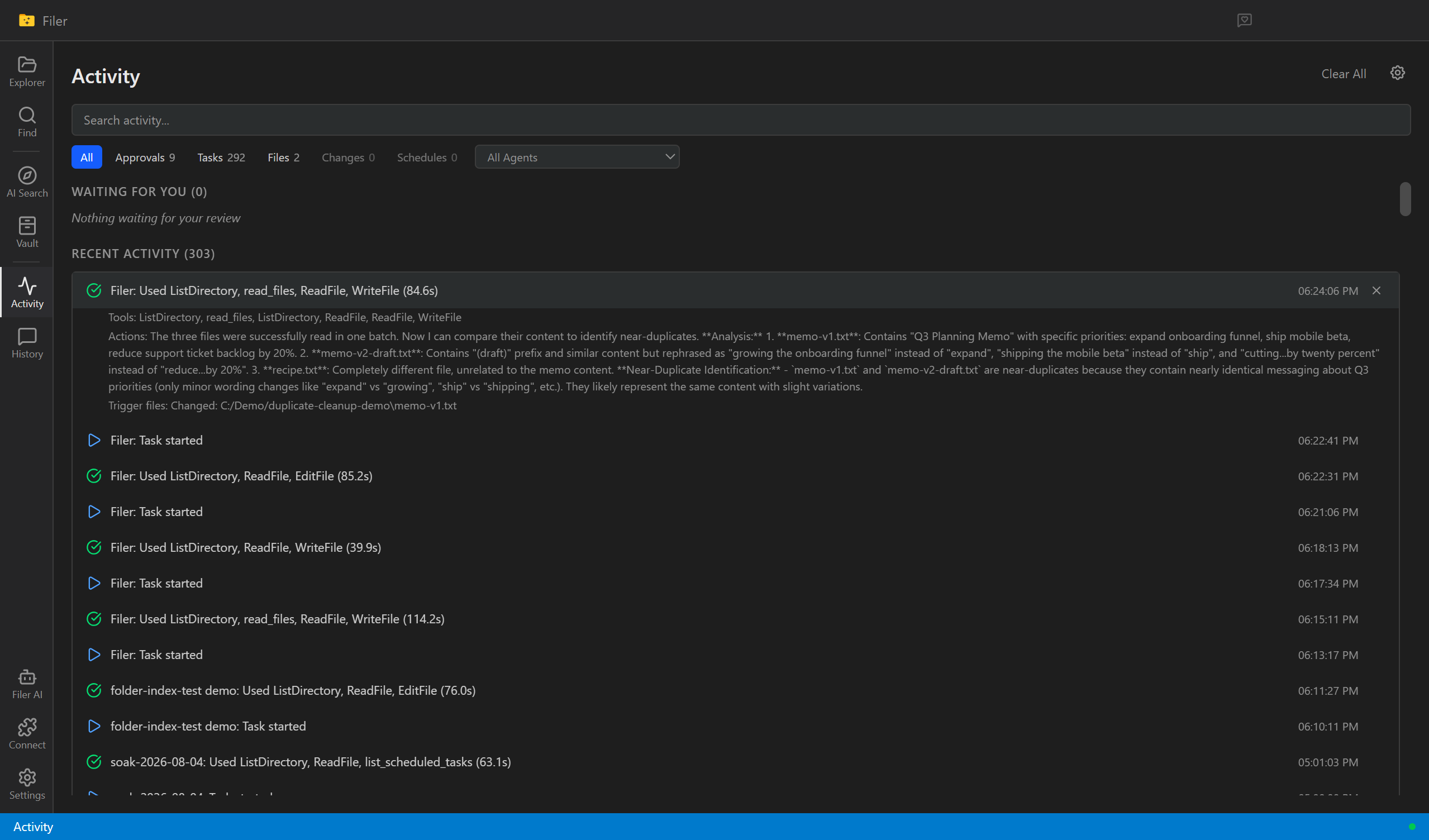 Filer Activity view showing near-duplicate files identified