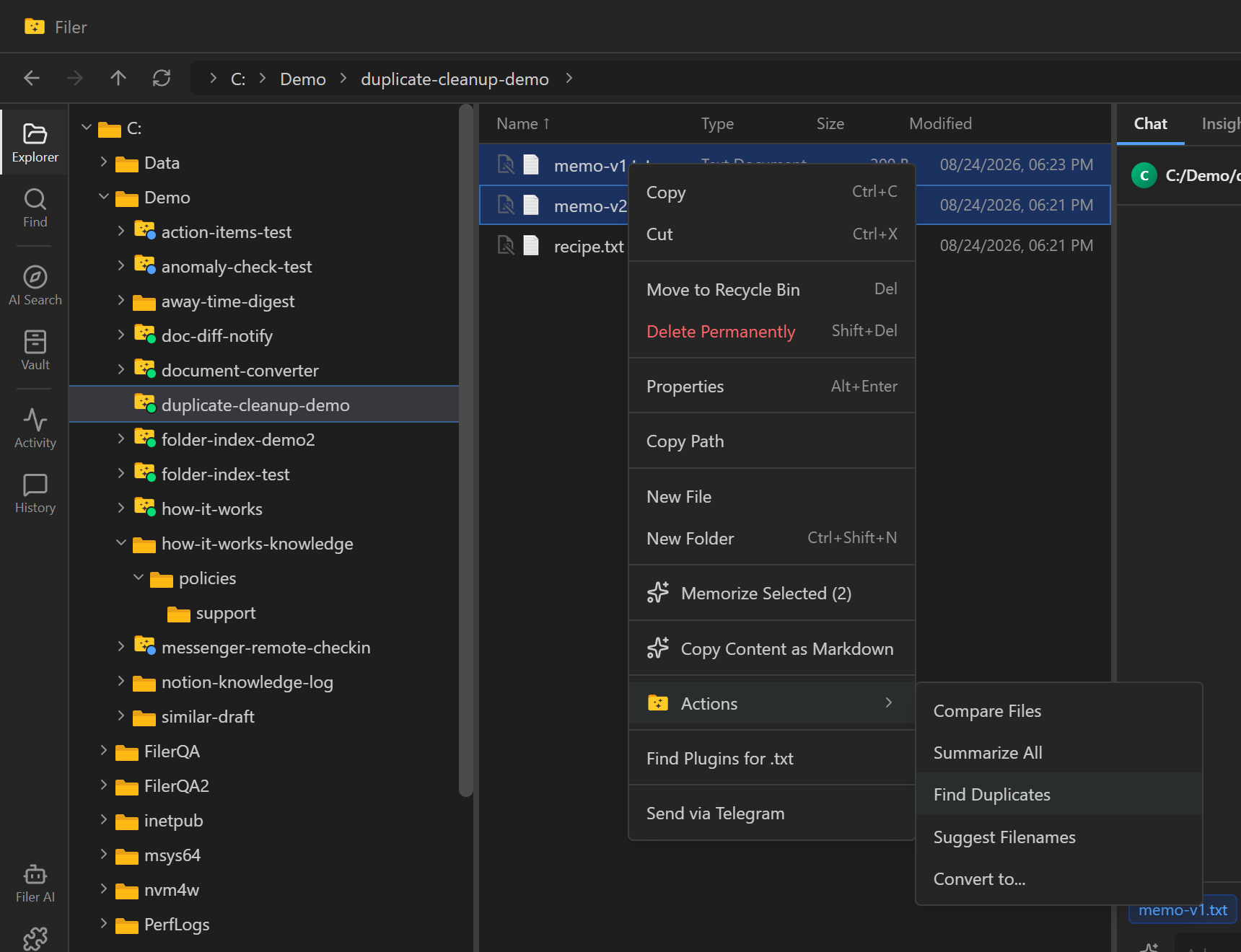 Filer's right-click Actions menu open on the same two files, with the multi-file-tools plugin's Find Duplicates action highlighted