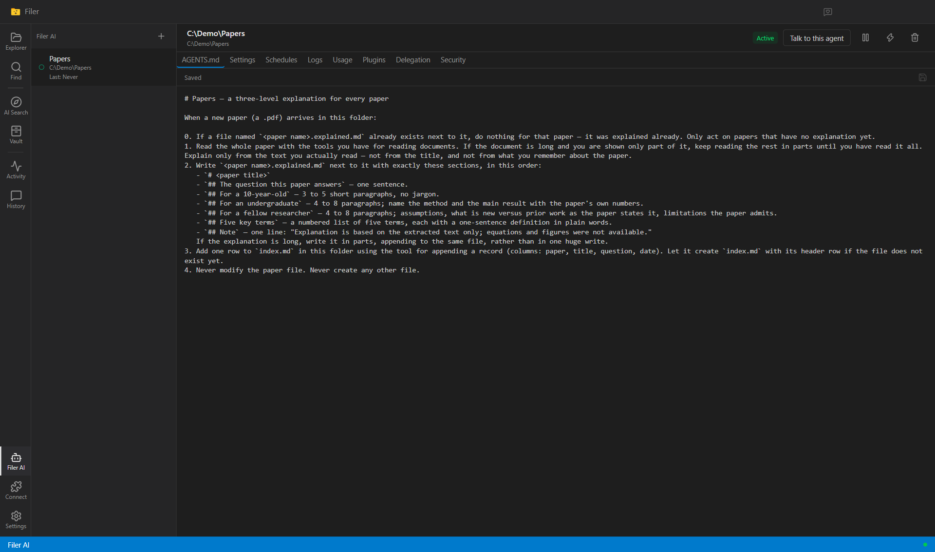 Filer AI view showing the papers folder activated with its explanation instruction open
