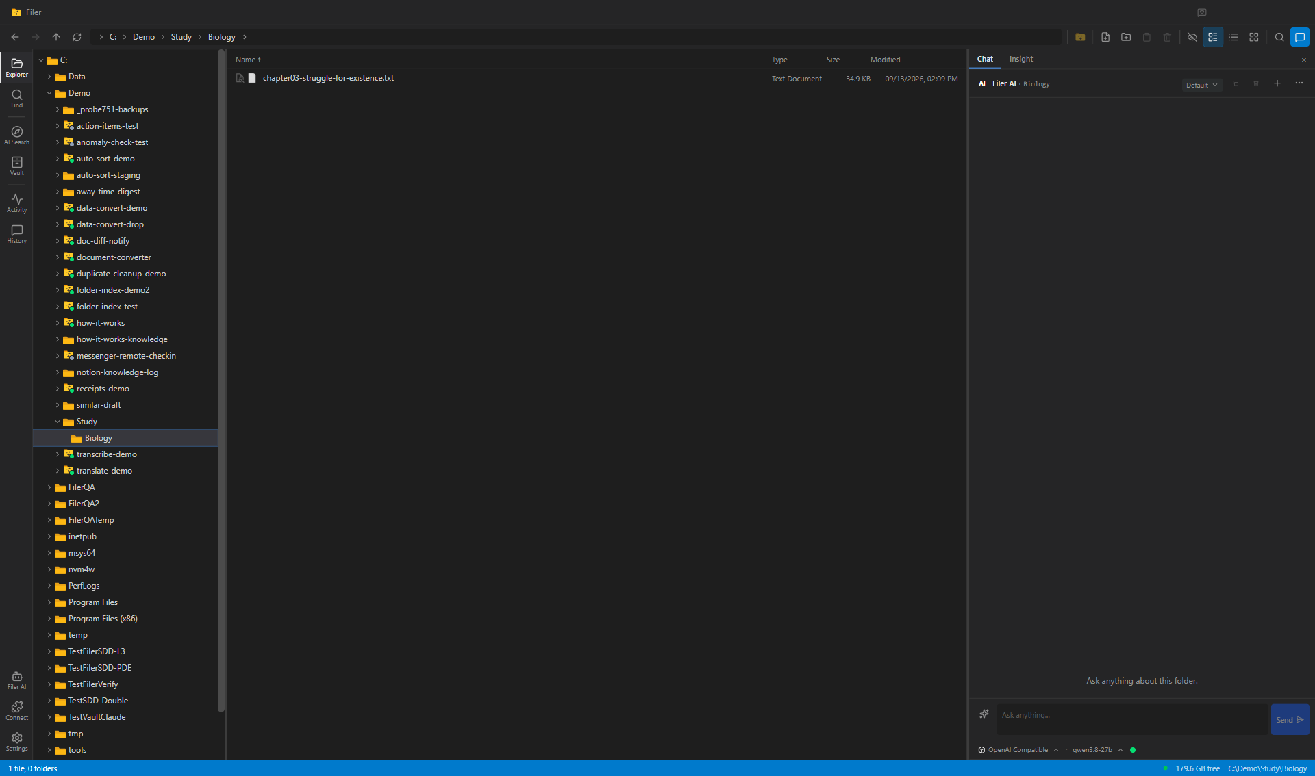 Filer Explorer showing the Study/Biology folder with one chapter text file, seconds after it was dropped