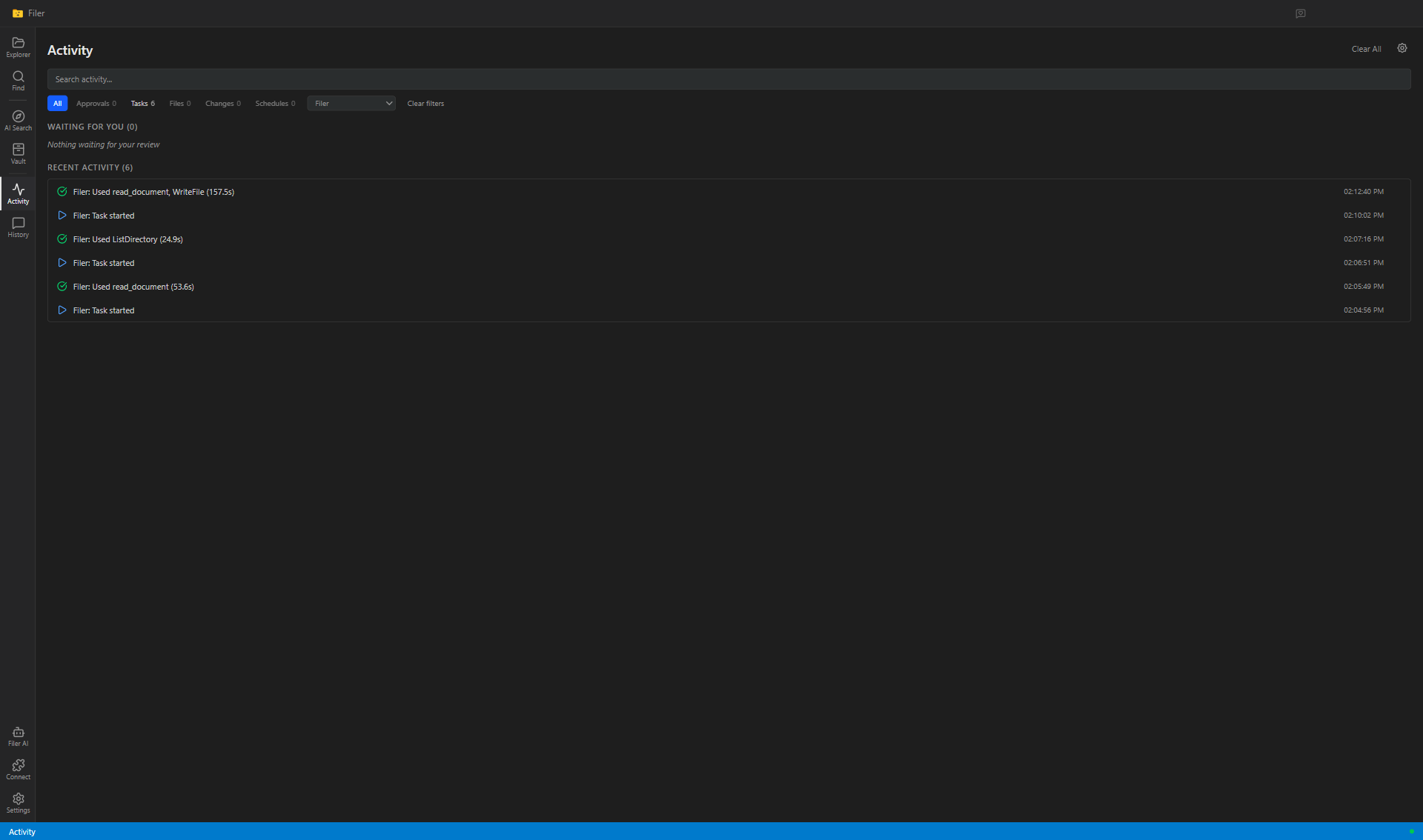 Filer's Activity view filtered to the study folder's agent, showing the completed run that read the chapter and wrote the two files
