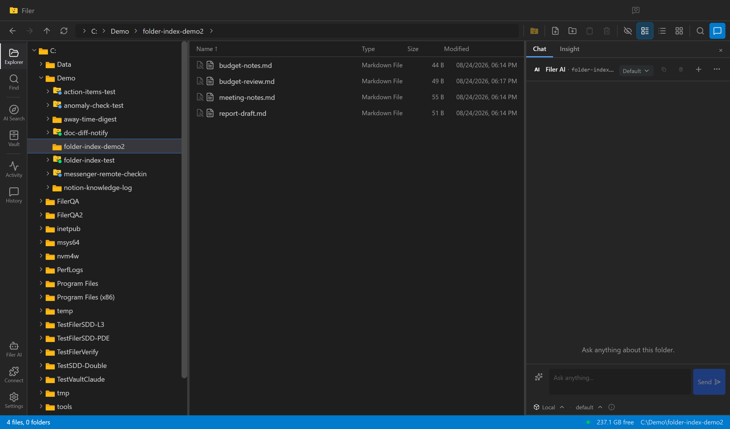 Filer Explorer showing a folder with a few markdown notes and no INDEX.md yet