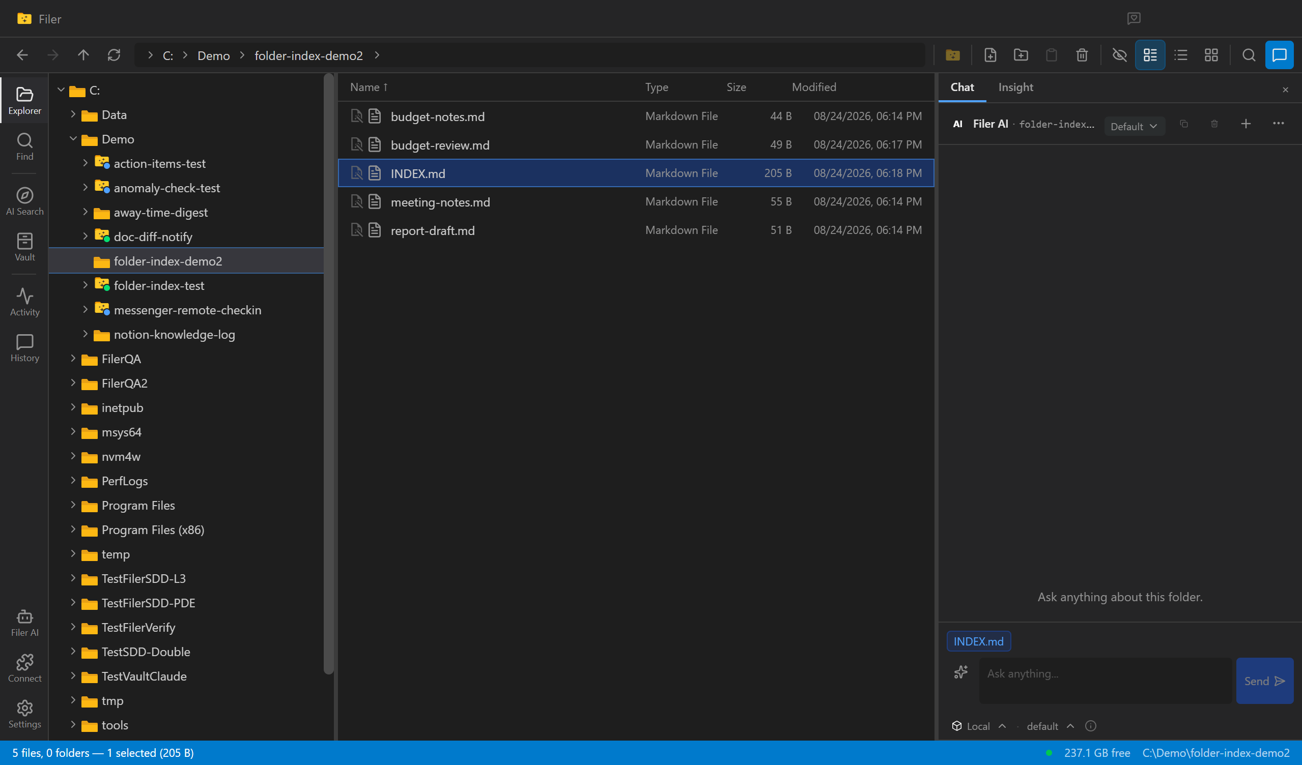 The generated INDEX.md file selected in Filer Explorer