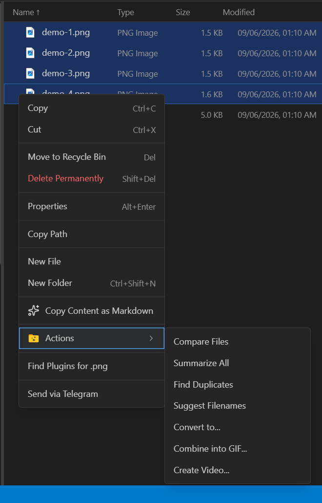 Filer's right-click Actions submenu, showing Combine into GIF... for a multi-selection of images