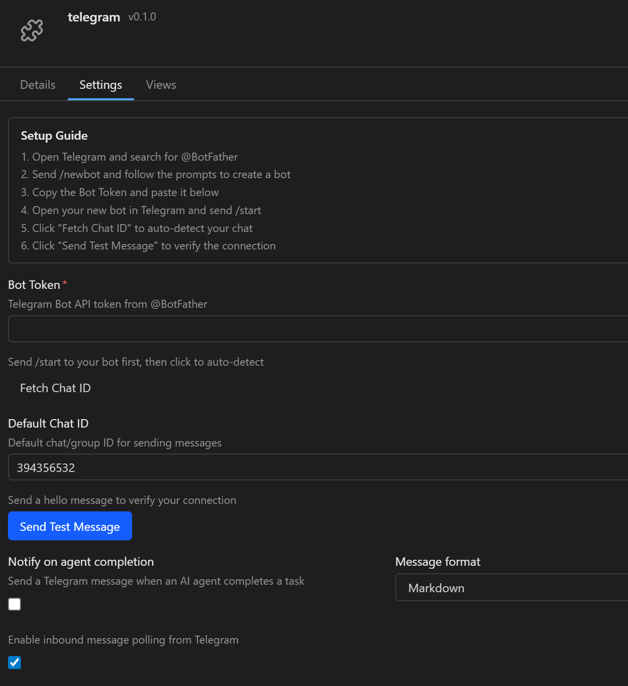 Filer's Telegram plugin settings, with inbound message polling turned on