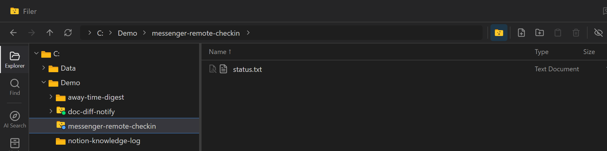 Filer Explorer showing the folder with a status note and its instructions file