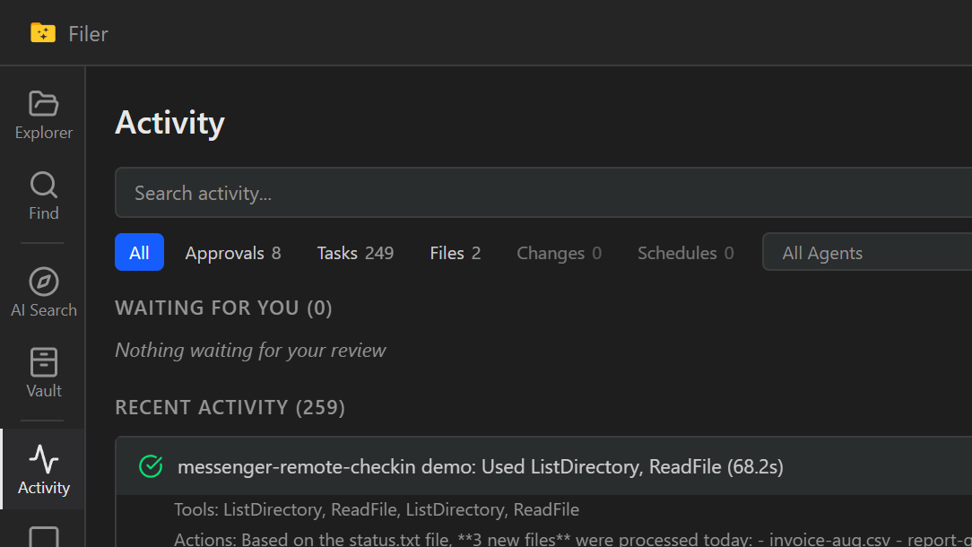 Filer Activity view showing a Telegram-triggered check-in run