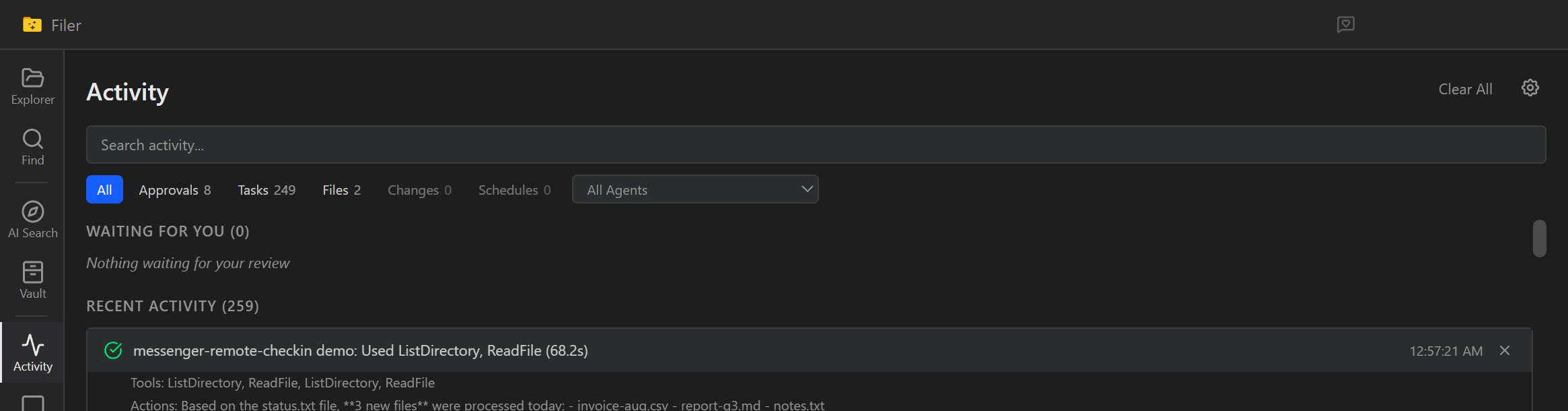 Filer Activity view showing the agent's automatic run, triggered by the inbound Telegram message