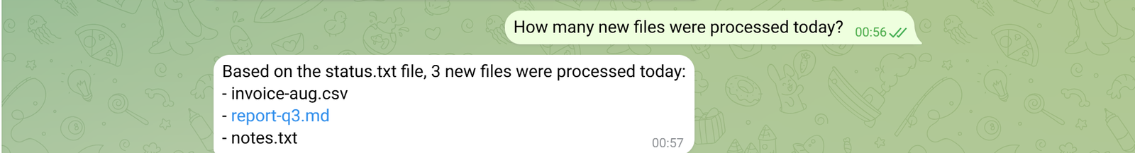 The Telegram chat, showing the question and the agent's automatic reply arriving a moment later