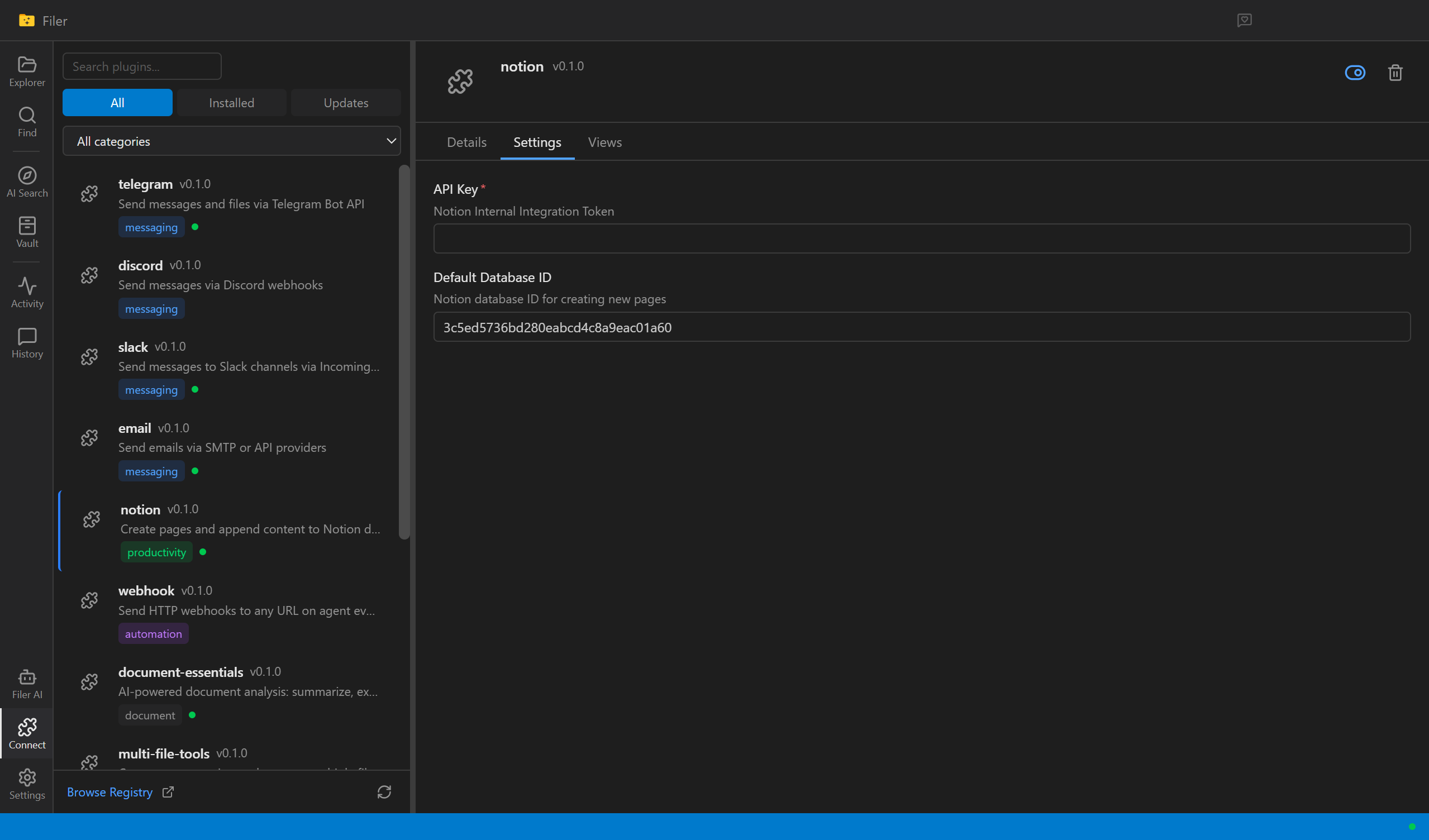 Filer's Notion plugin settings, with a token field ready to paste in and a target database ID configured