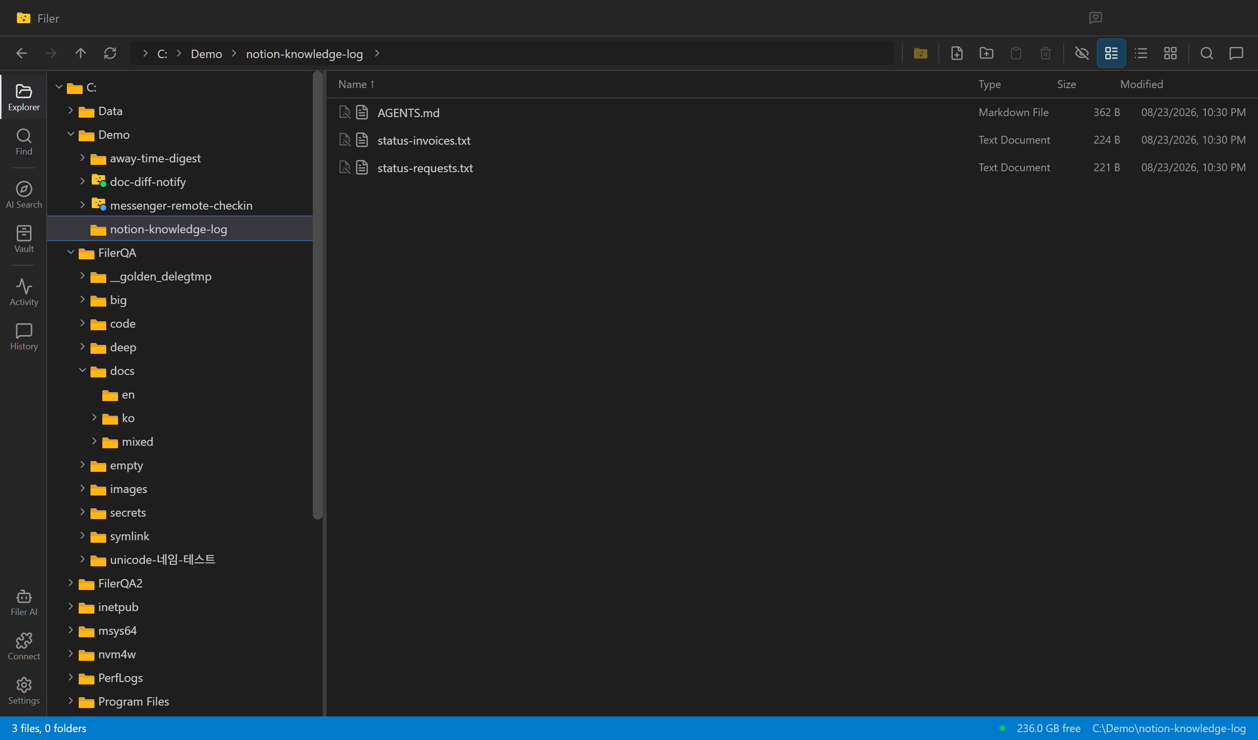 Filer Explorer showing a folder with accumulated status note files and an instructions file