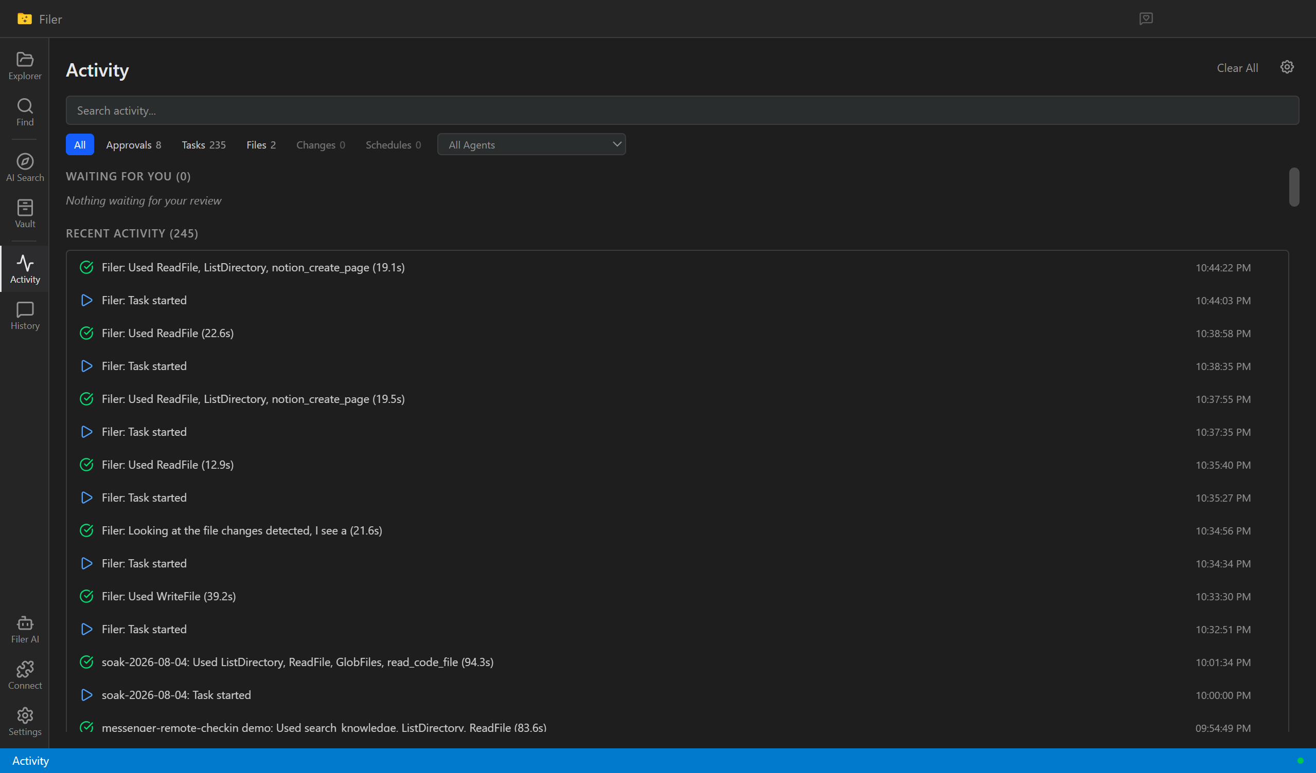 Filer Activity view showing the agent's automatic run — reading the folder's notes and calling notion_create_page