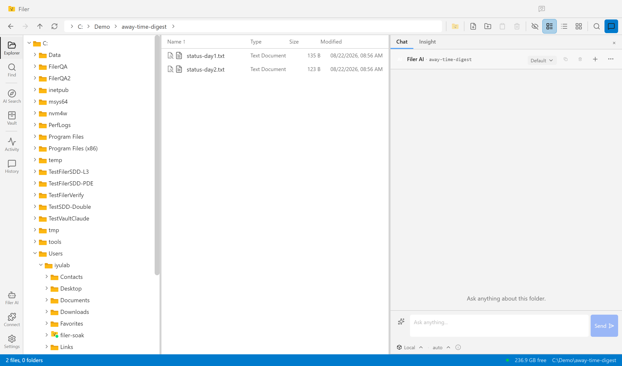 Filer Explorer showing a folder with two accumulated status note files