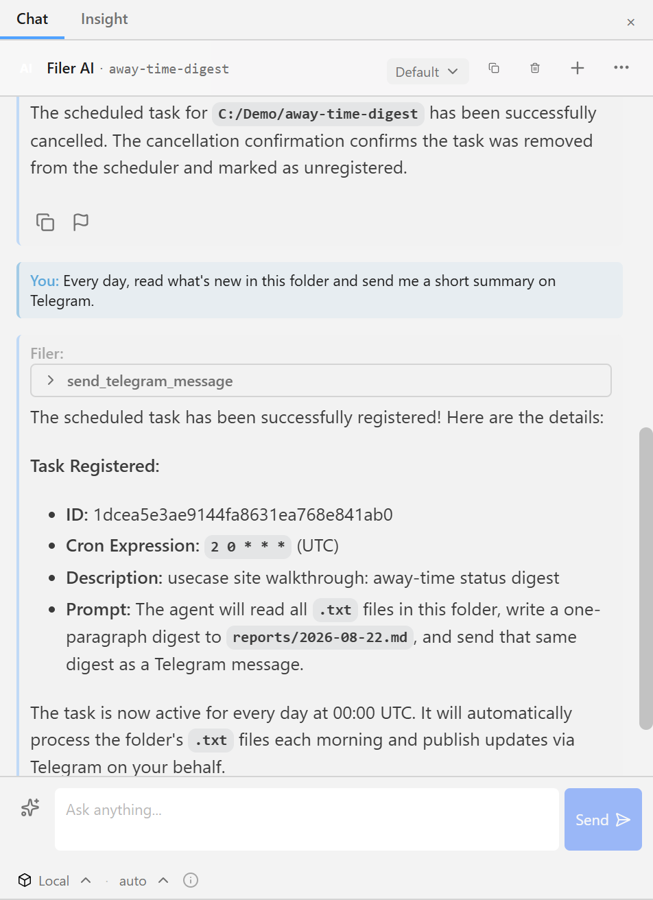 Filer chat panel showing a plain-language scheduling request, with the registered task's ID, cron expression, and description reported back