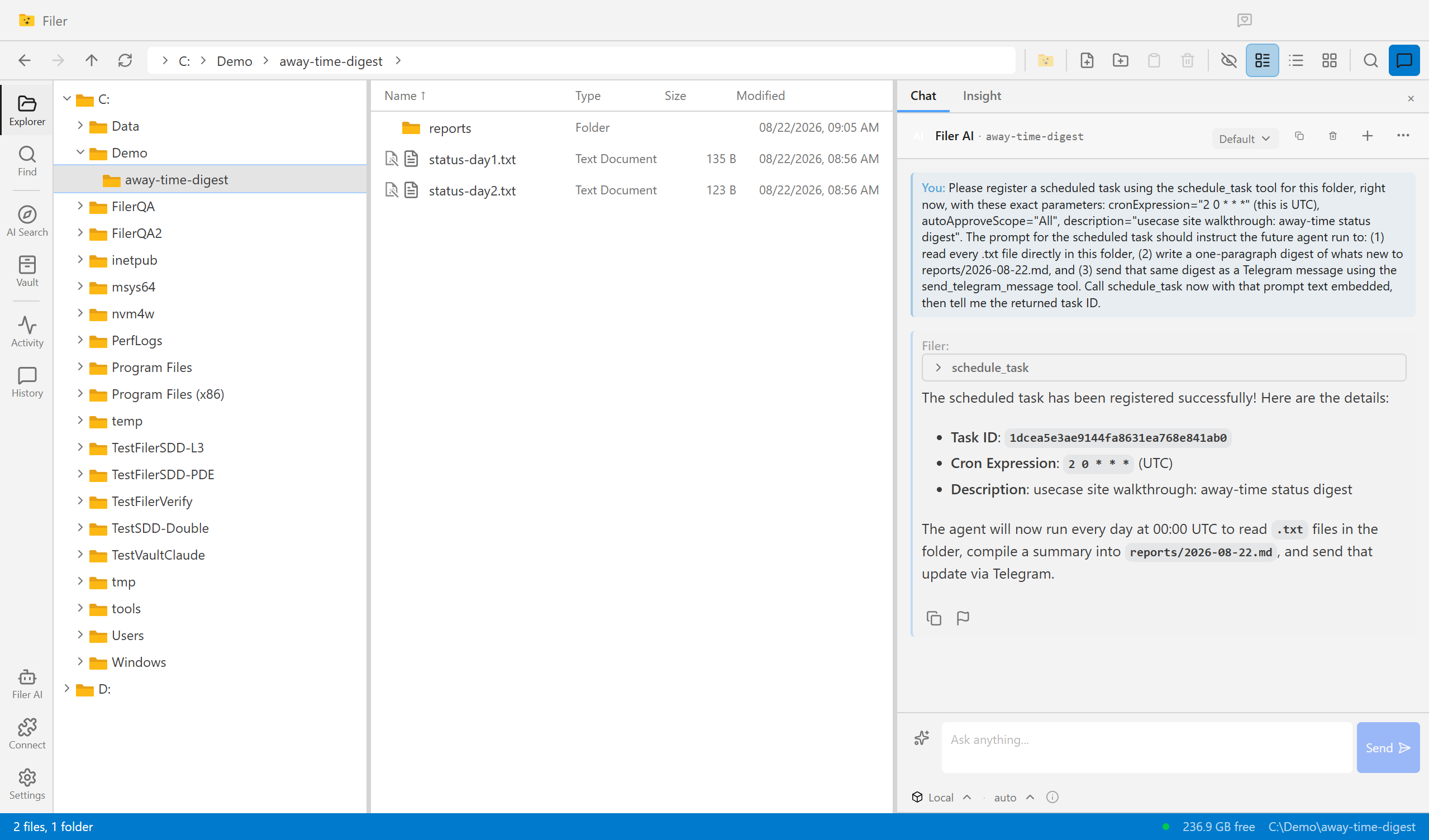 Filer Explorer showing a scheduled digest run