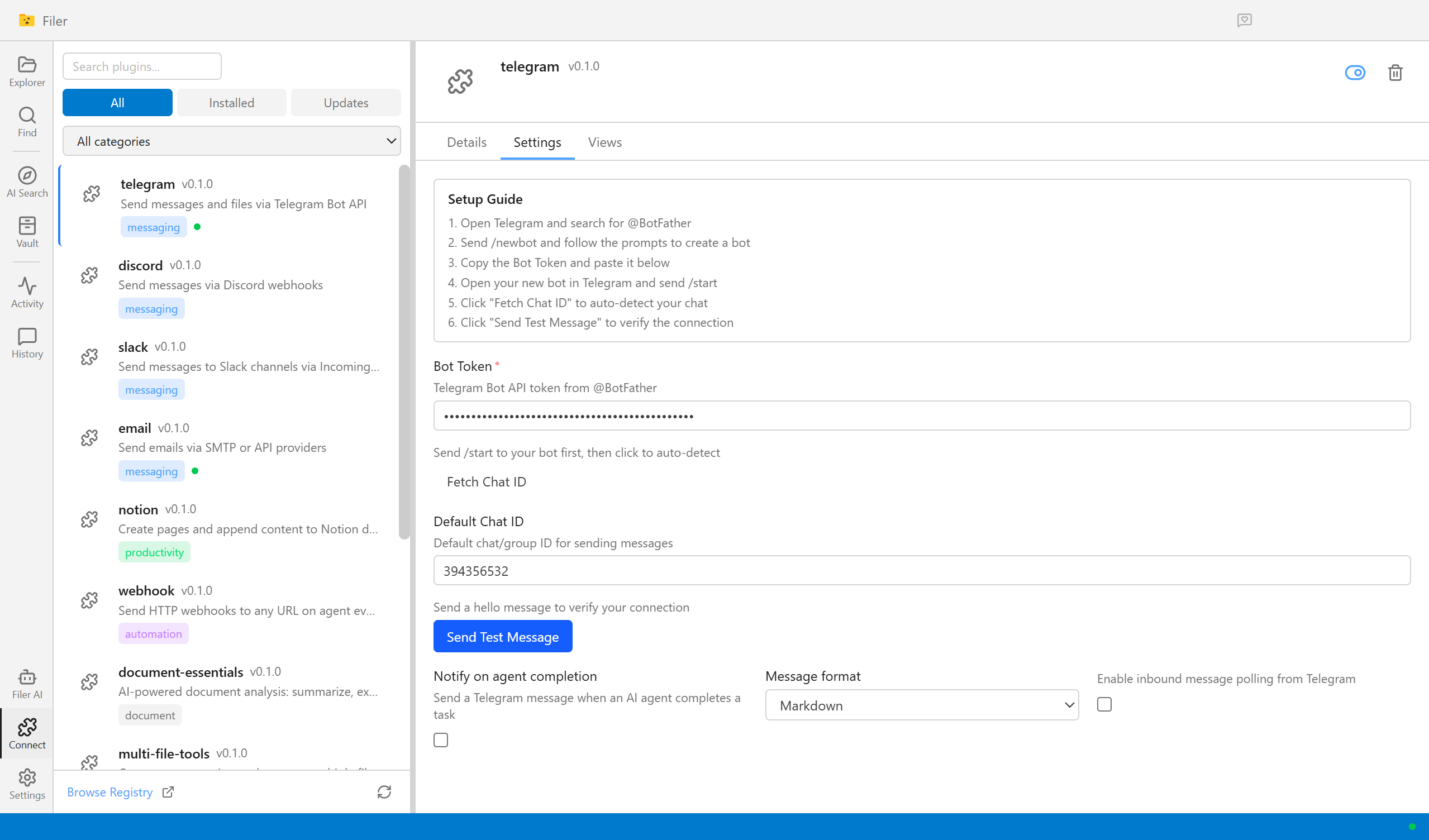 Filer's Telegram plugin settings showing a saved bot token and an auto-detected chat ID
