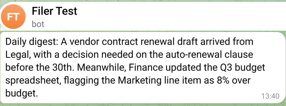 Telegram conversation showing the digest message the agent sent, unprompted