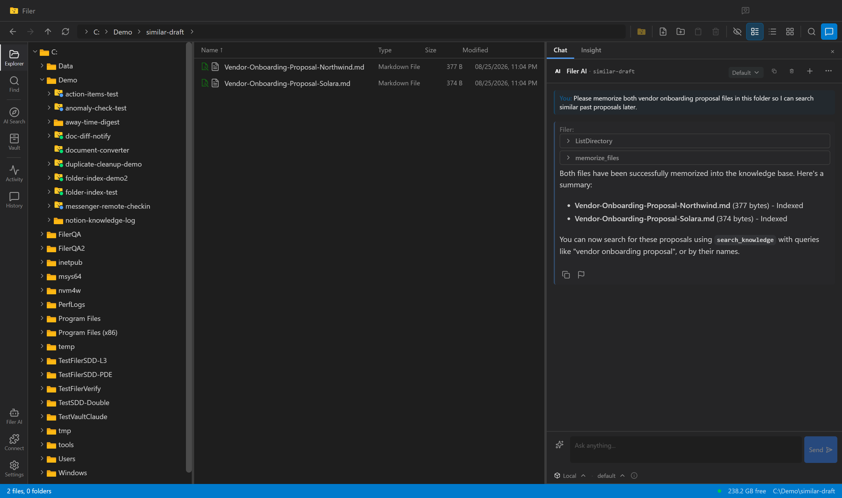 Filer chat panel showing the agent listing the folder and memorizing two past vendor-onboarding proposal files