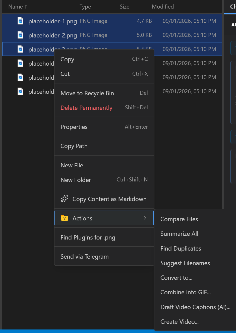 Filer's right-click Actions menu, showing Draft Video Captions (AI)... and Create Video... for a multi-selection of images