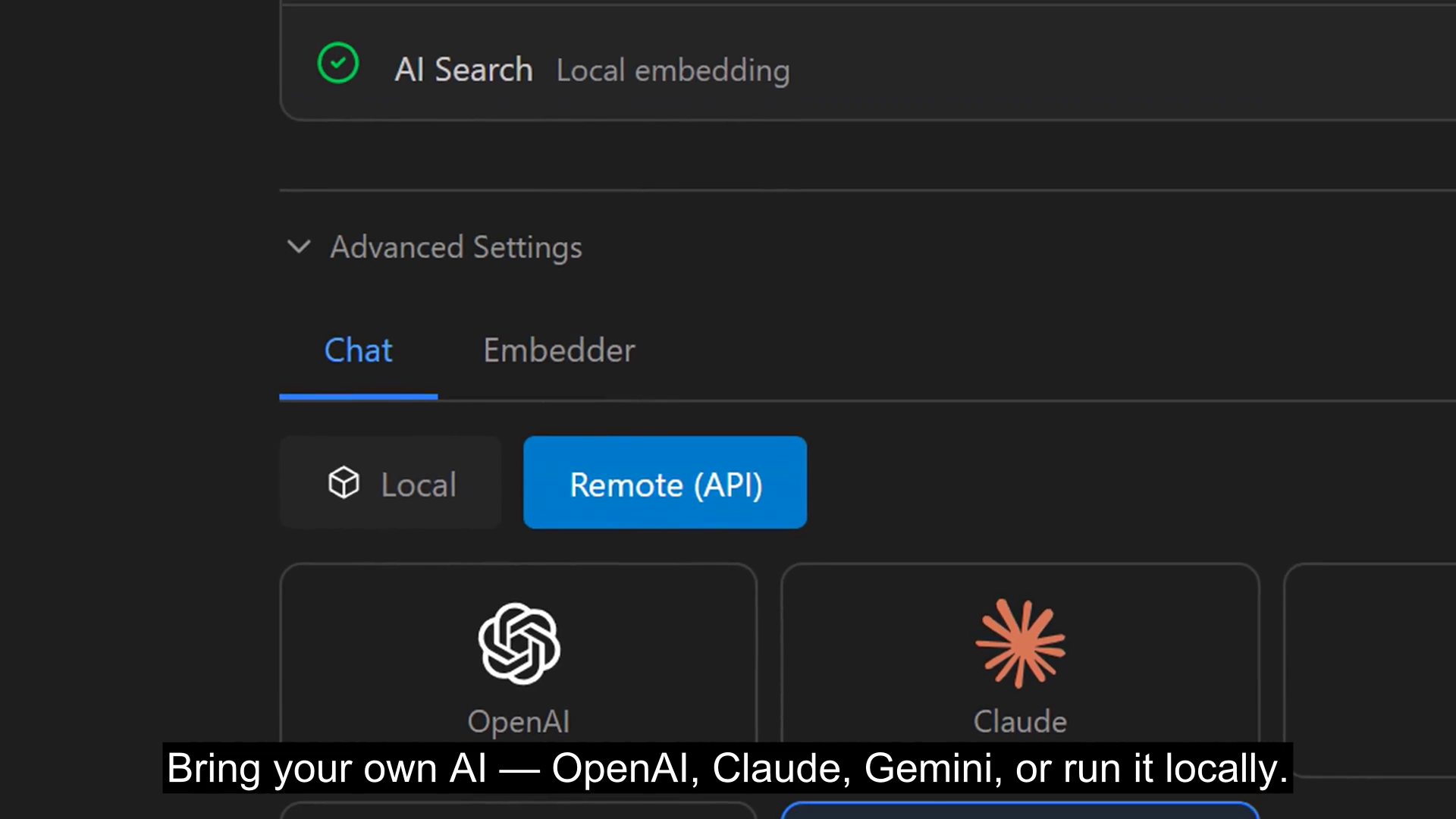 One frame from the actual finished video this workflow produced, captioned 'Bring your own AI — OpenAI, Claude, Gemini, or run it locally.'